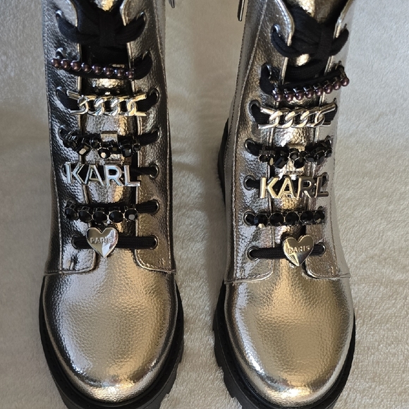 Karl Lagerfeld Shoes - Karl Lagerfeld Paris Metallic Silver Boots with Simmering Chain Accents